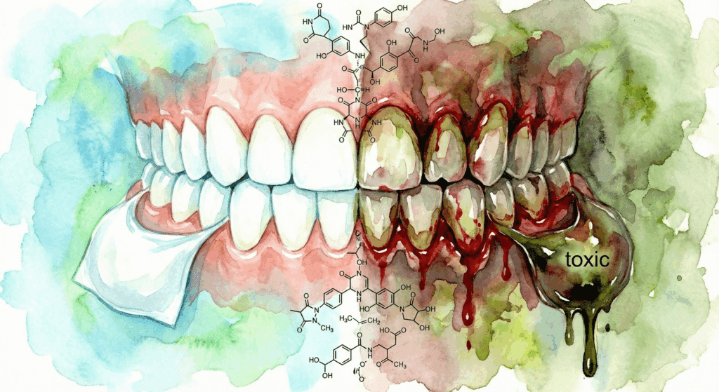 Vergleich gesundes Zahnfleisch vs. Snus-Schaden mit freiliegenden Zahnhälsen.