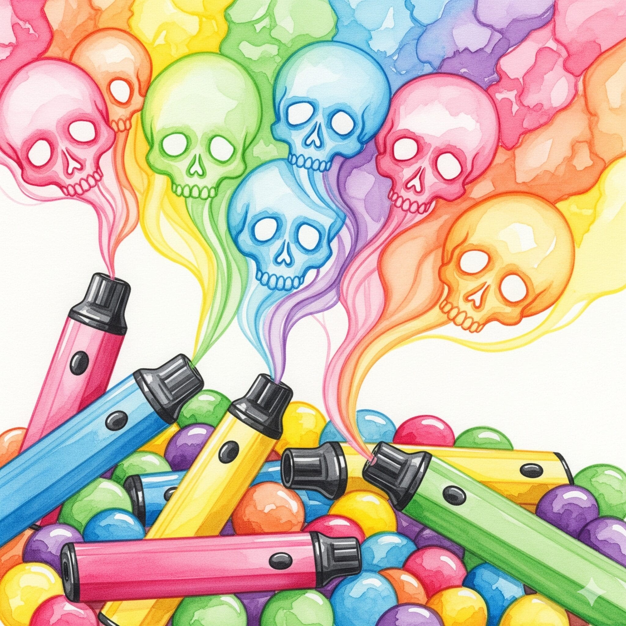 Künstlerische Darstellung von bunten Einweg-Vapes, deren Dampf Totenköpfe bildet, gemalt in zerlaufenden Watercolor-Farben, die die versteckten Gefahren symbolisieren.