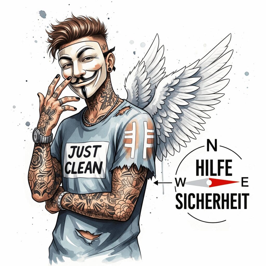 Eine stilisierte Grafik einer Kompassnadel, die auf das Wort "HILFE" oder "SICHERHEIT" zeigt. Symbolisiert das Finden des richtigen Weges in der Krise. "Hilfe bei Suizidgedanken", "Krisenintervention", "psychiatrischer Notfall"