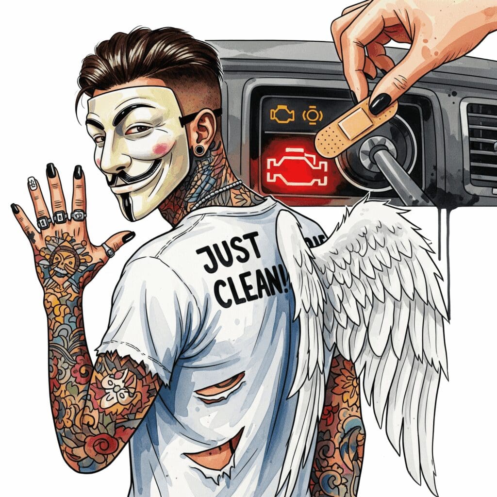 Ein Auto-Armaturenbrett, bei dem die Motorkontrollleuchte rot leuchtet. Eine Hand klebt ein Pflaster darüber, anstatt den Motor zu reparieren. Symbolisiert die reine Symptombehandlung. "Symptombehandlung Sucht", "Ursachen von Sucht erkennen", "ganzheitliche Therapie"