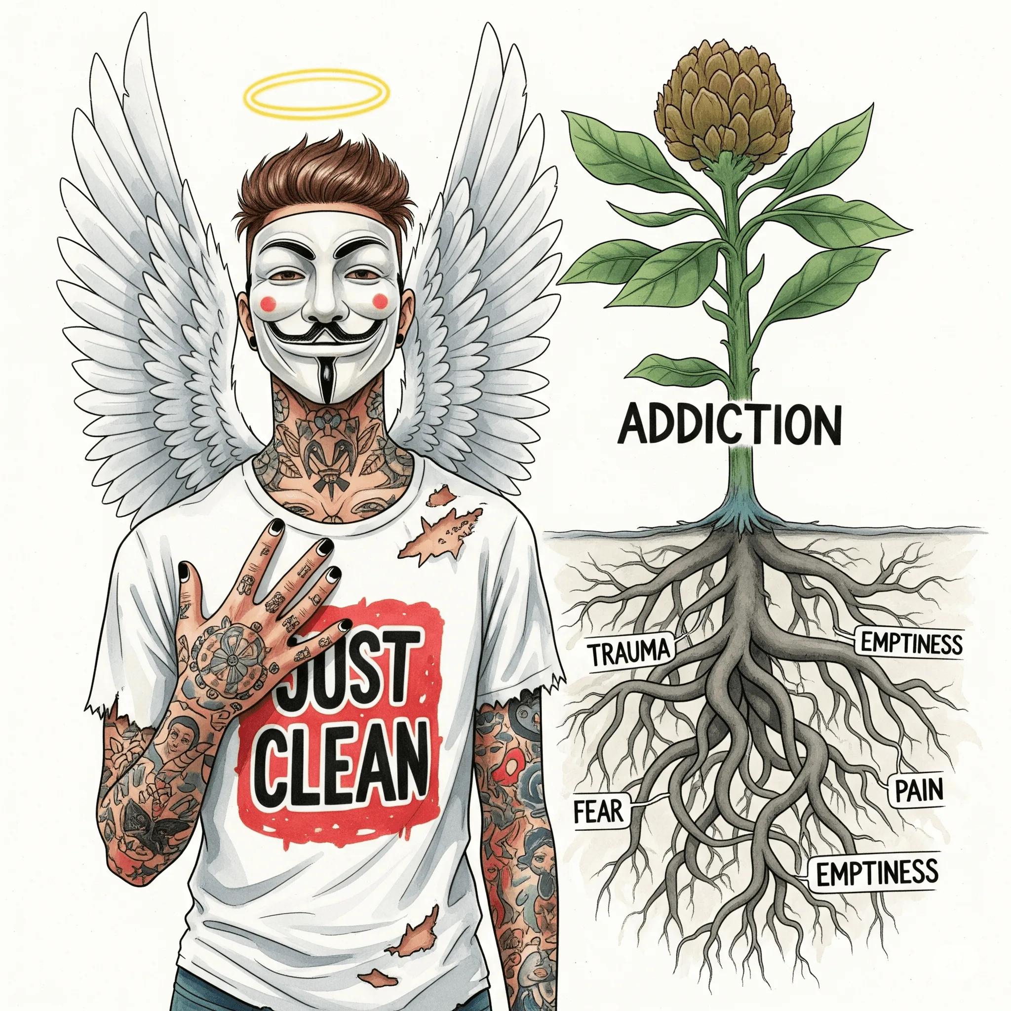 Eine Grafik, die eine große, ungesunde aussehende Pflanze zeigt (beschriftet mit "SUCHT"). Unter der Erde sieht man aber die riesigen, dunklen und verknoteten Wurzeln (beschriftet mit "TRAUMA", "ANGST", "SCHMERZ", "LEERE"). Symbolisiert, dass die Sucht nur das sichtbare Symptom ist. "Ursachen von Sucht", "Wurzel des Problems", "Sucht als Symptom"