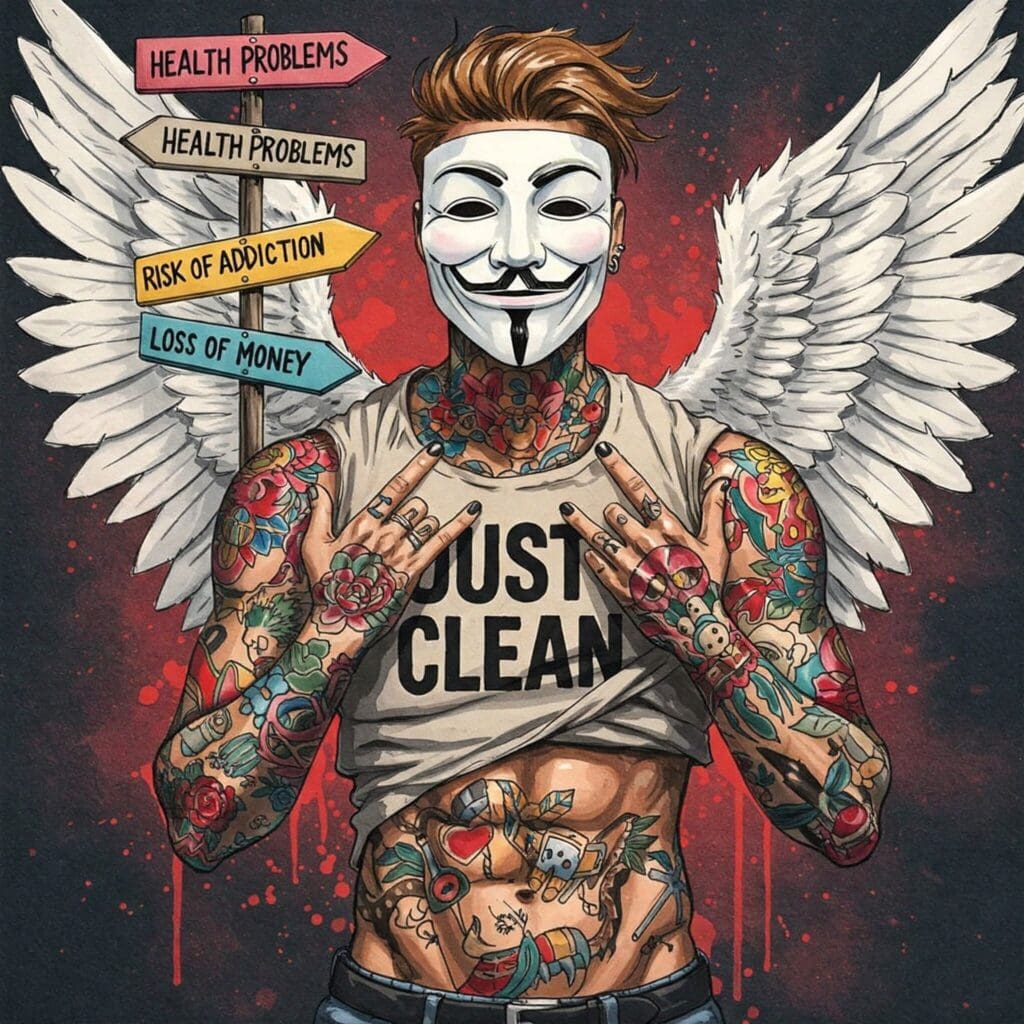 Symbolische Darstellung von Risiken – z.B. ein Wegweiser mit Pfeilen zu "Gesundheitliche Probleme", "Suchtgefahr", "Geldverlust". Risiken, Sucht, Gesundheit, Gefahr, legale Drogen Nachteile