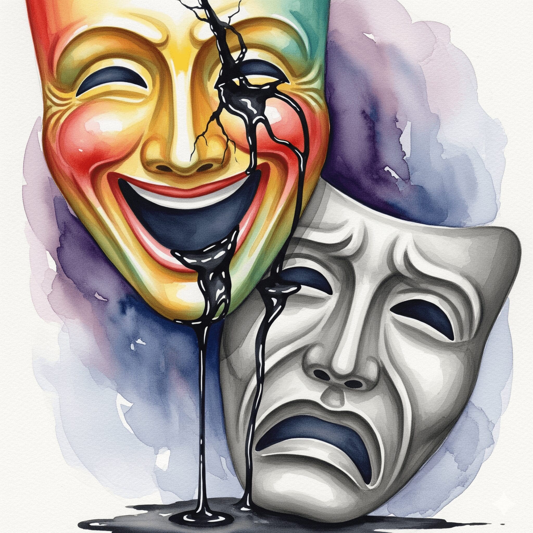 Eine lachende Komödien-Maske, die Risse hat und auf eine traurige Tragödien-Maske tropft, als Symbol für die versteckte Trauer bei einer lächelnden Depression.
