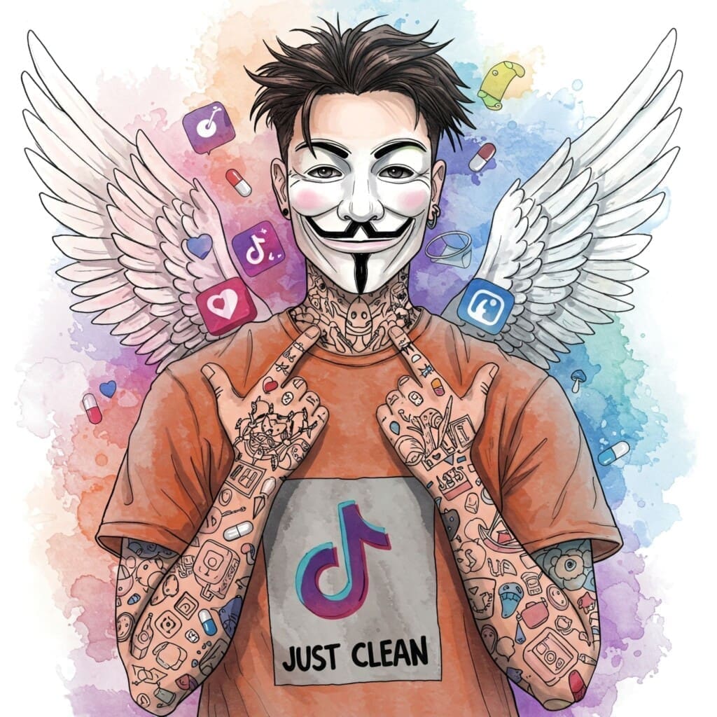 Collage aus verschiedenen Social Media Icons (Instagram, TikTok, etc.) mit kleinen Symbolen für Cannabisblatt, Pilz, bunte Kapseln. Social Media, Werbung, Bubatz, Microdosing, legale Drogen, Online Marketing