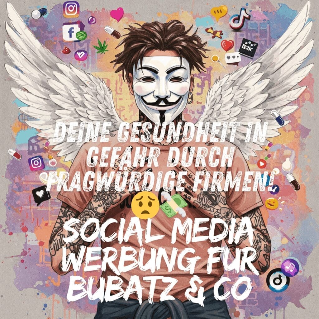 Collage aus verschiedenen Social Media Icons (Instagram, TikTok, etc.) mit kleinen Symbolen für Cannabisblatt, Pilz, bunte Kapseln. Social Media, Werbung, Bubatz, Microdosing, legale Drogen, Online Marketing