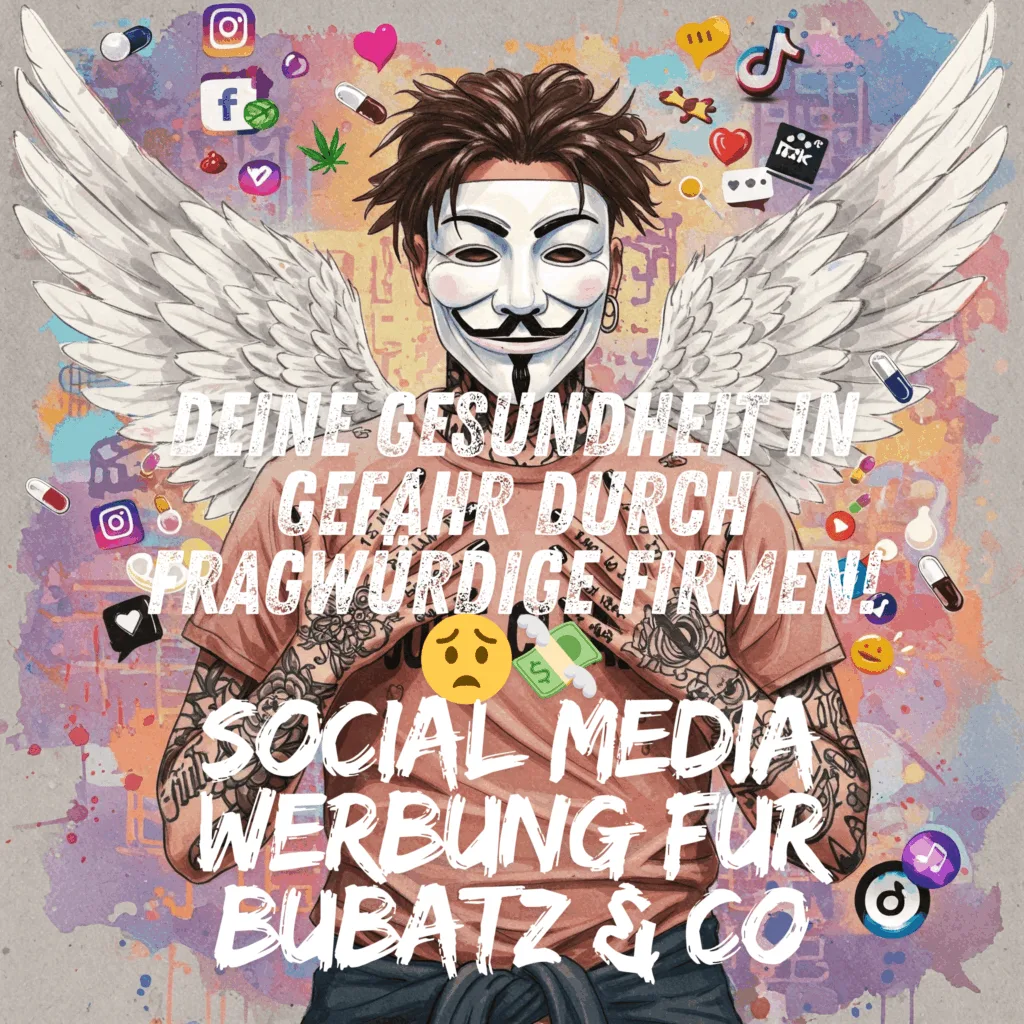 Collage aus verschiedenen Social Media Icons (Instagram, TikTok, etc.) mit kleinen Symbolen für Cannabisblatt, Pilz, bunte Kapseln. Social Media, Werbung, Bubatz, Microdosing, legale Drogen, Online Marketing