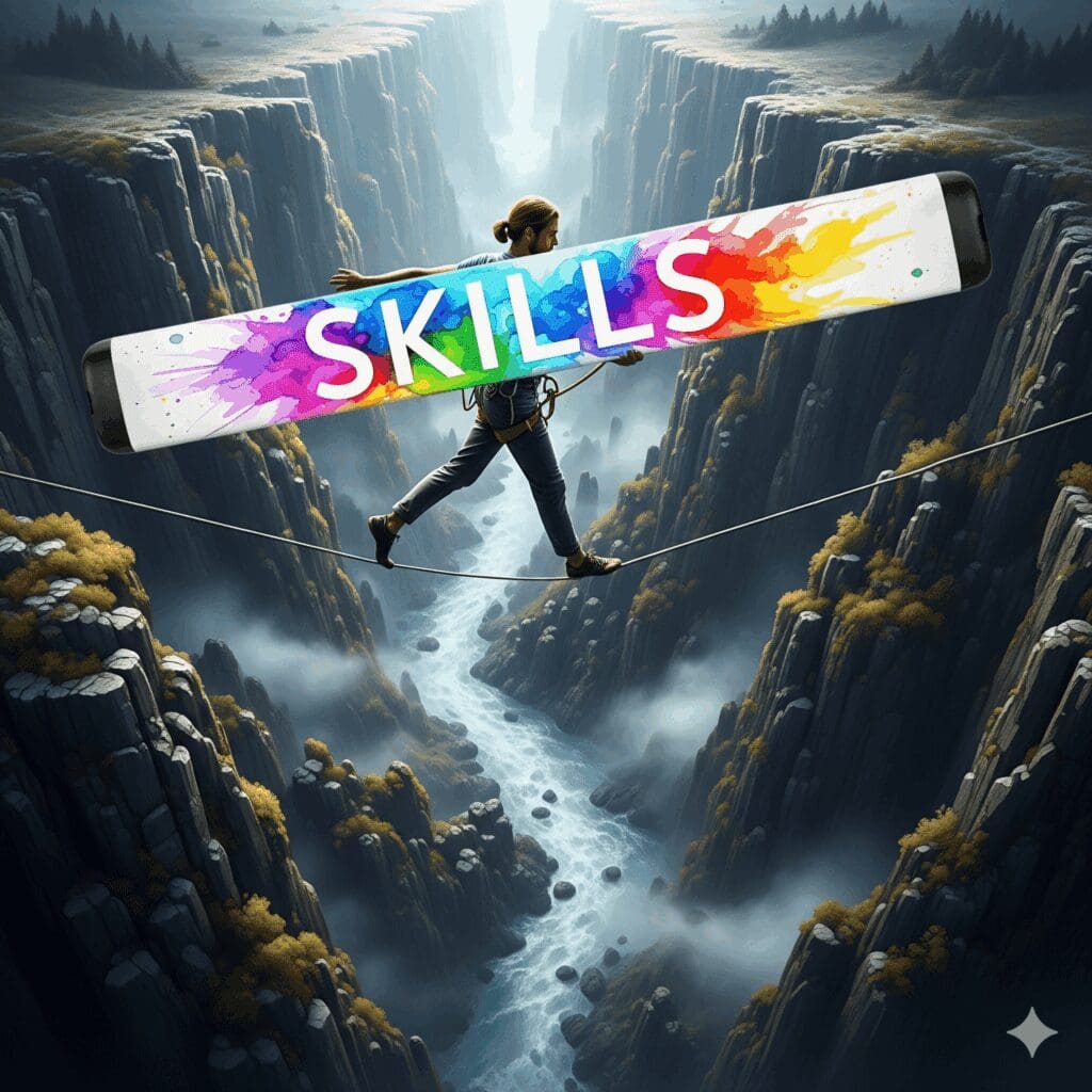 Eine Person balanciert sicher auf einem Drahtseil mit Hilfe einer Stange namens "SKILLS", als Symbol dafür, wie Coping-Strategien in der Recovery Stabilität geben.