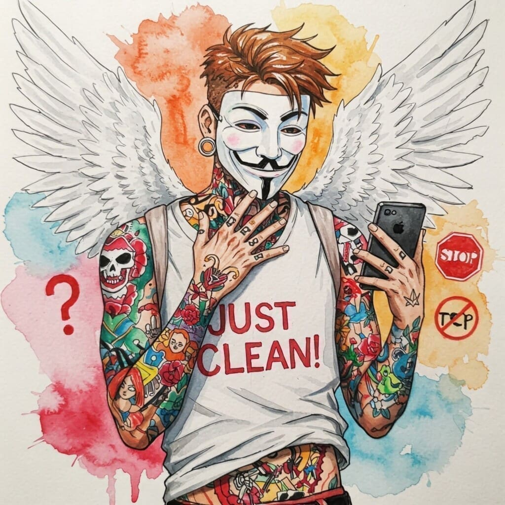 Jemand, der auf ein Smartphone schaut, aber kritisch/nachdenklich wirkt, mit Fragezeichen oder einem "Stop"-Symbol über dem Bildschirm. Social Media kritisch, Online Werbung, Zweifel, Hinterfragen, Jugend und Medien