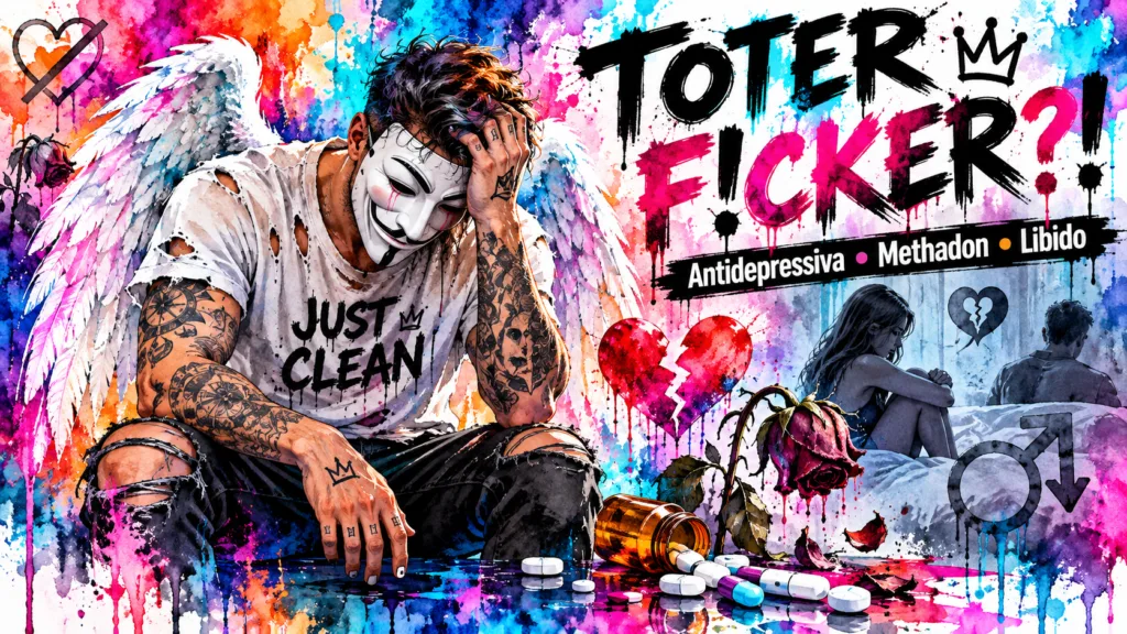 Watercolor-Infografik zu Libidoverlust durch Antidepressiva, Methadon und Opioide mit NeelixberliN-Figur, Beziehungskonflikt und sexueller Dysfunktion