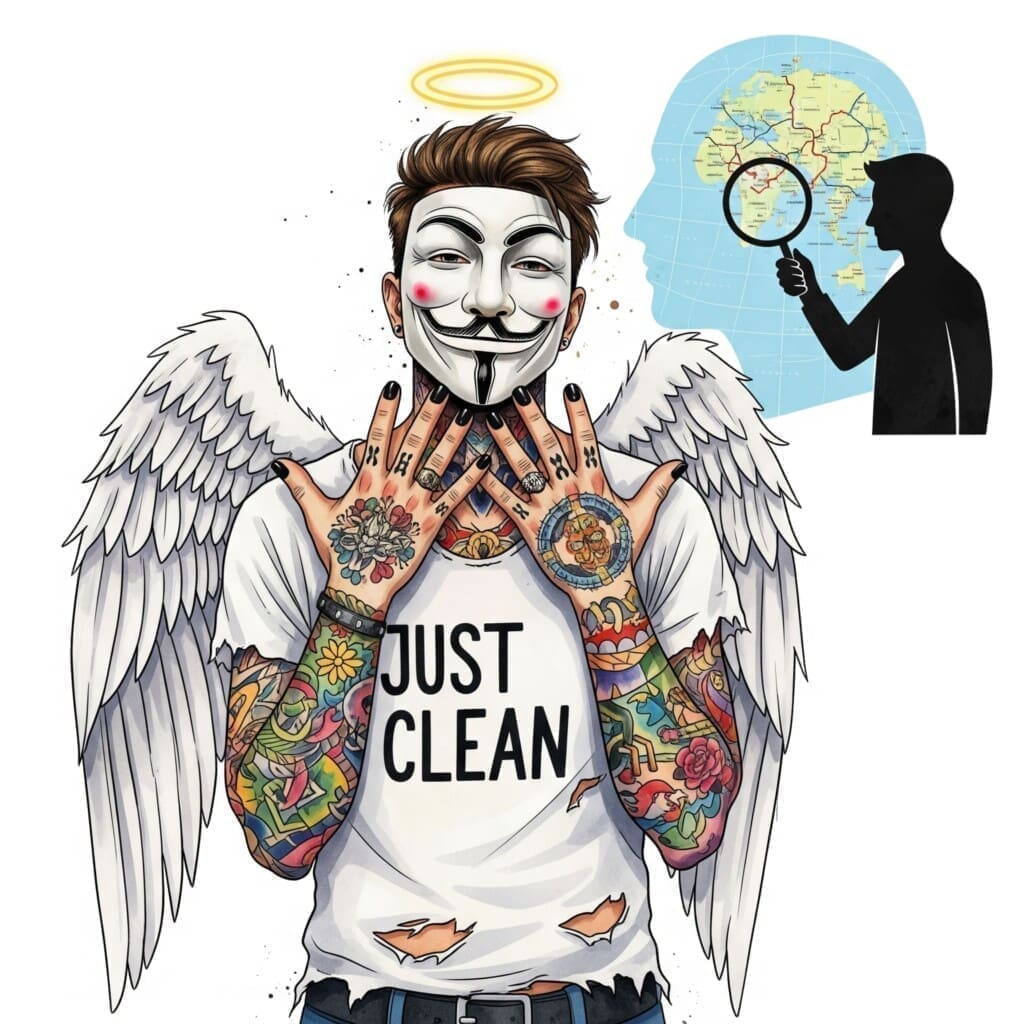 Eine stilisierte Grafik einer Person mit einer Lupe, die auf eine Landkarte ihres eigenen Kopfes und Alltags schaut. Symbolisiert die Detektivarbeit an sich selbst. "Sucht-Trigger erkennen", "sich selbst beobachten", "Muster der Sucht finden"