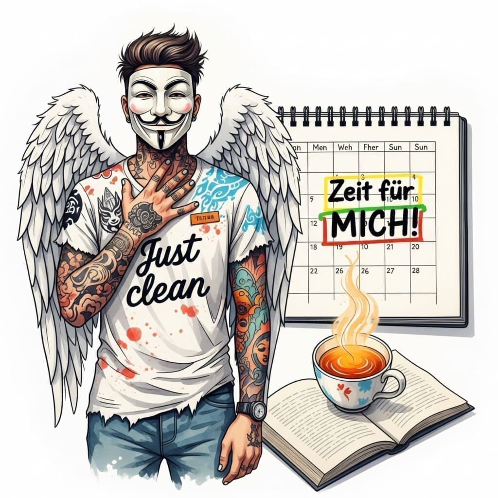 Ein Kalenderblatt mit einem farbig markierten und blockierten Zeitfenster mit der Aufschrift "Zeit für MICH!". Daneben eine Tasse Tee und ein Buch. Symbolisiert das bewusste Einplanen von Selbstfürsorge. "Zeit für mich nehmen", "Selbstfürsorge planen", "Sorgen-freie Zone"