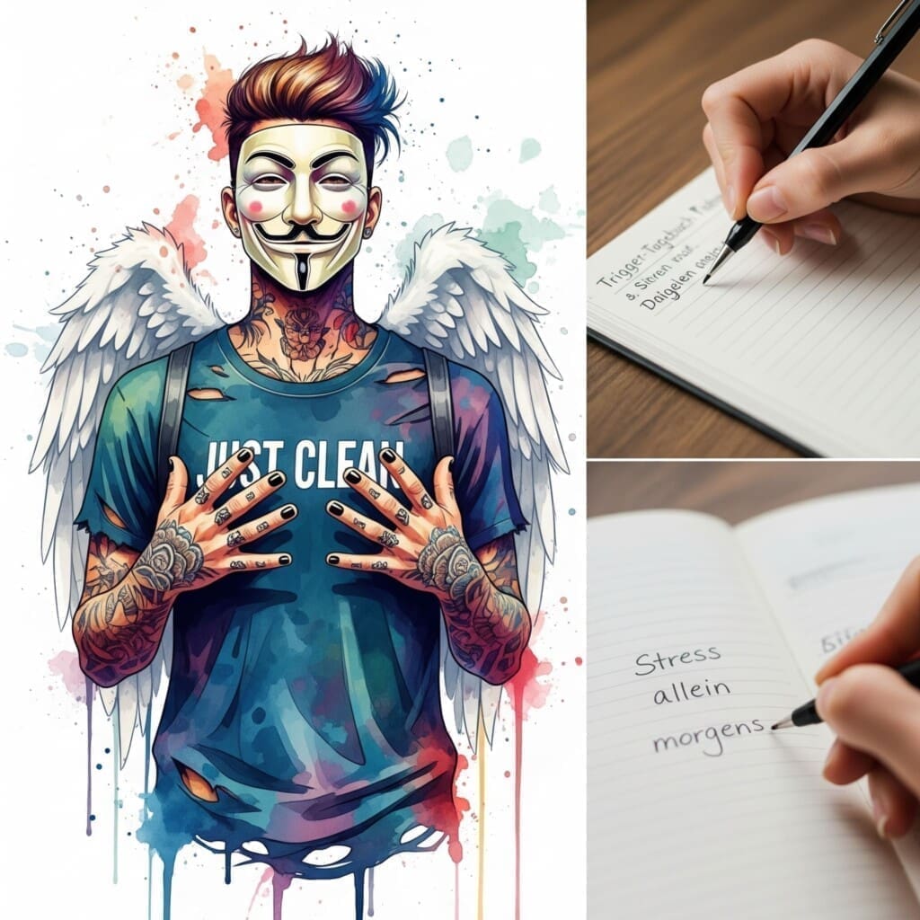 Eine Nahaufnahme einer Person, die in ein Notizbuch schreibt. Die Seite hat Stichworte wie "Stress", "allein", "morgens" enthalten. Symbolisiert das Führen des Trigger-Tagebuchs. "Trigger-Tagebuch führen", "Suchtmuster erkennen", "Selbstreflexion"