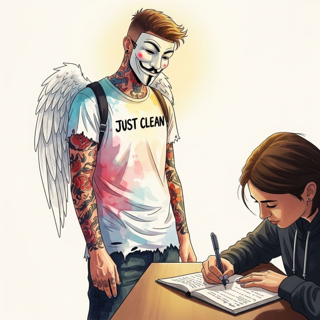 Eine Person sitzt an einem Tisch und schreibt konzentriert und entschlossen in ein Notizbuch. Das Licht ist warm und fokussiert. Symbolisiert die Auseinandersetzung mit sich selbst. "Motivation finden clean zu werden", "Ziele aufschreiben", "ehrliche Bestandsaufnahme"