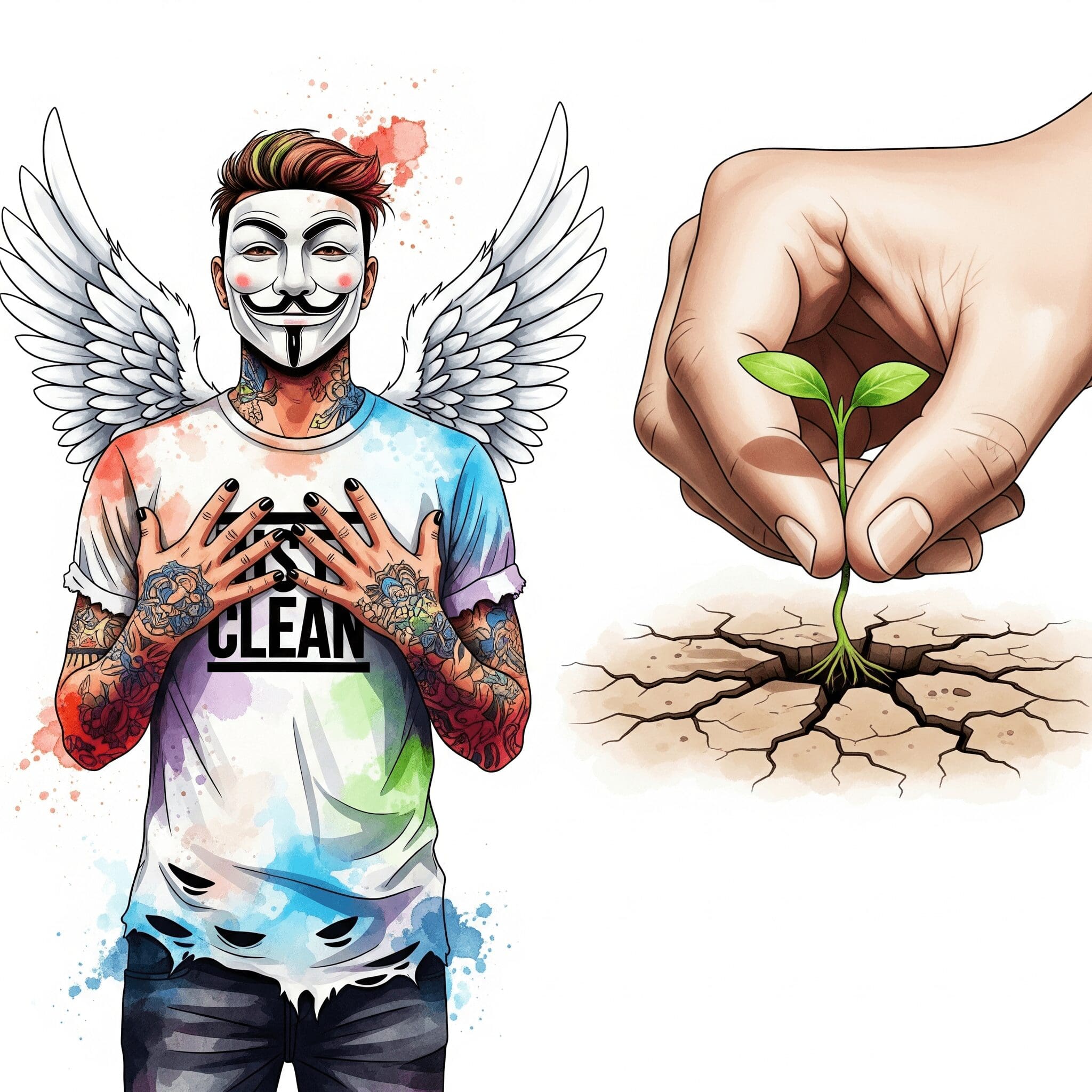 Eine Nahaufnahme einer Hand, die einen kleinen, grünen Setzling 🌱 in rissiger, trockener Erde hält. Symbolisiert die Hoffnung, aus etwas Kaputtem etwas Gutes und Lebendiges zu erschaffen. "aus dem Schlechten Gutes machen", "Hoffnung nach der Sucht", "ein Vermächtnis hinterlassen"