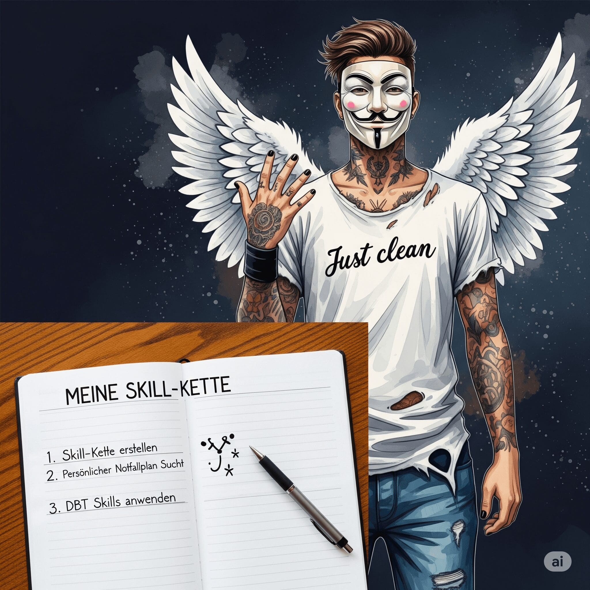 Ein reales Foto einer ansprechend gestalteten Karteikarte. Mit handschriftlicher, klarer Schrift steht oben "MEINE SKILL-KETTE". Darunter sind drei Schritte aufgelistet, vielleicht mit kleinen Symbolen daneben. Die Karte liegt auf einem Holztisch.  "Skill-Kette erstellen", "persönlicher Notfallplan Sucht", "DBT Skills anwenden"