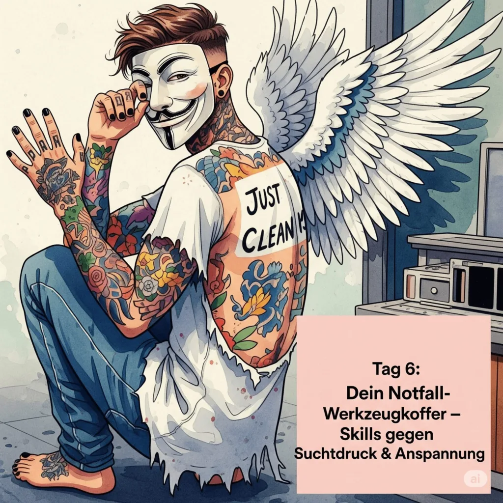 Tag 6: Dein Notfall-Werkzeugkoffer – Skills gegen Suchtdruck & Anspannung. Podcast und Artikel Titelbild