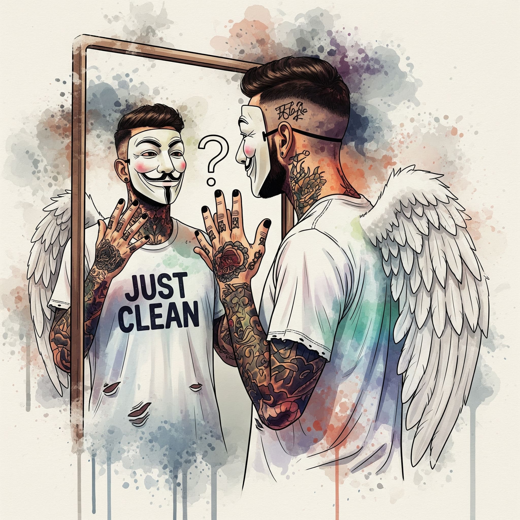 Eine Person schaut in einen Spiegel, aber statt des eigenen Gesichts sieht sie das Gesicht einer anderen Person oder ein Fragezeichen. Symbolisiert den Verlust der eigenen Identität. "sich selbst verlieren", "Identitätsverlust Co-Abhängigkeit", "wer bin ich"