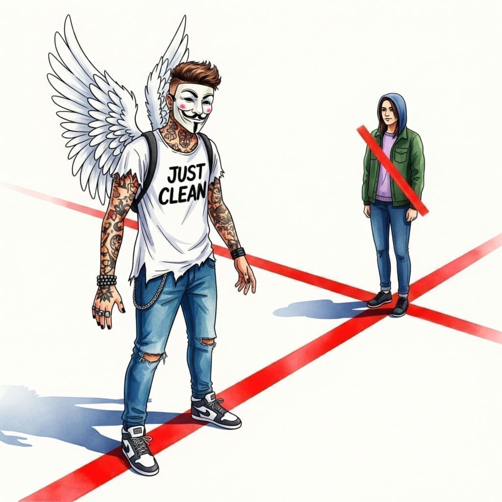 Eine klare, rote Linie, die auf dem Boden gezeichnet ist. Eine Person steht auf der einen Seite und bleibt dort stehen, anstatt sie zu übertreten. Symbolisiert das konsequente Einhalten der Grenze. "Grenze ziehen", "konsequent bleiben", "Nein sagen lernen"