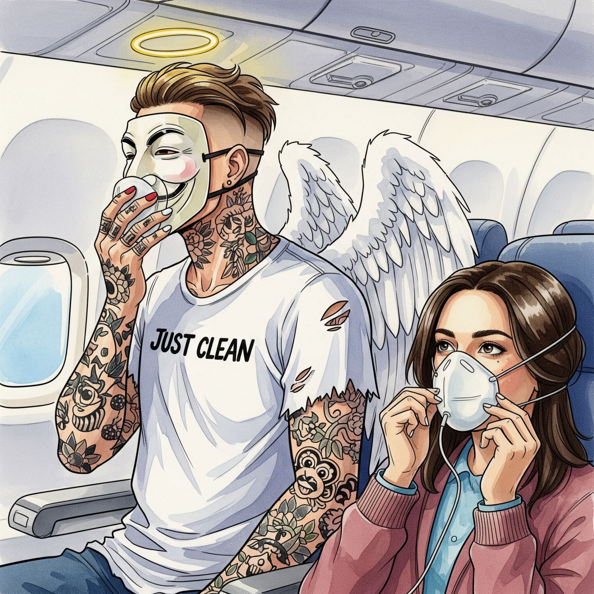 Eine Person im Flugzeug setzt sich ruhig und bewusst die eigene Sauerstoffmaske auf. Der Fokus liegt auf dieser Handlung der Selbstfürsorge. "Selbstfürsorge für Angehörige", "eigene Sauerstoffmaske zuerst", "Burnout Prävention"