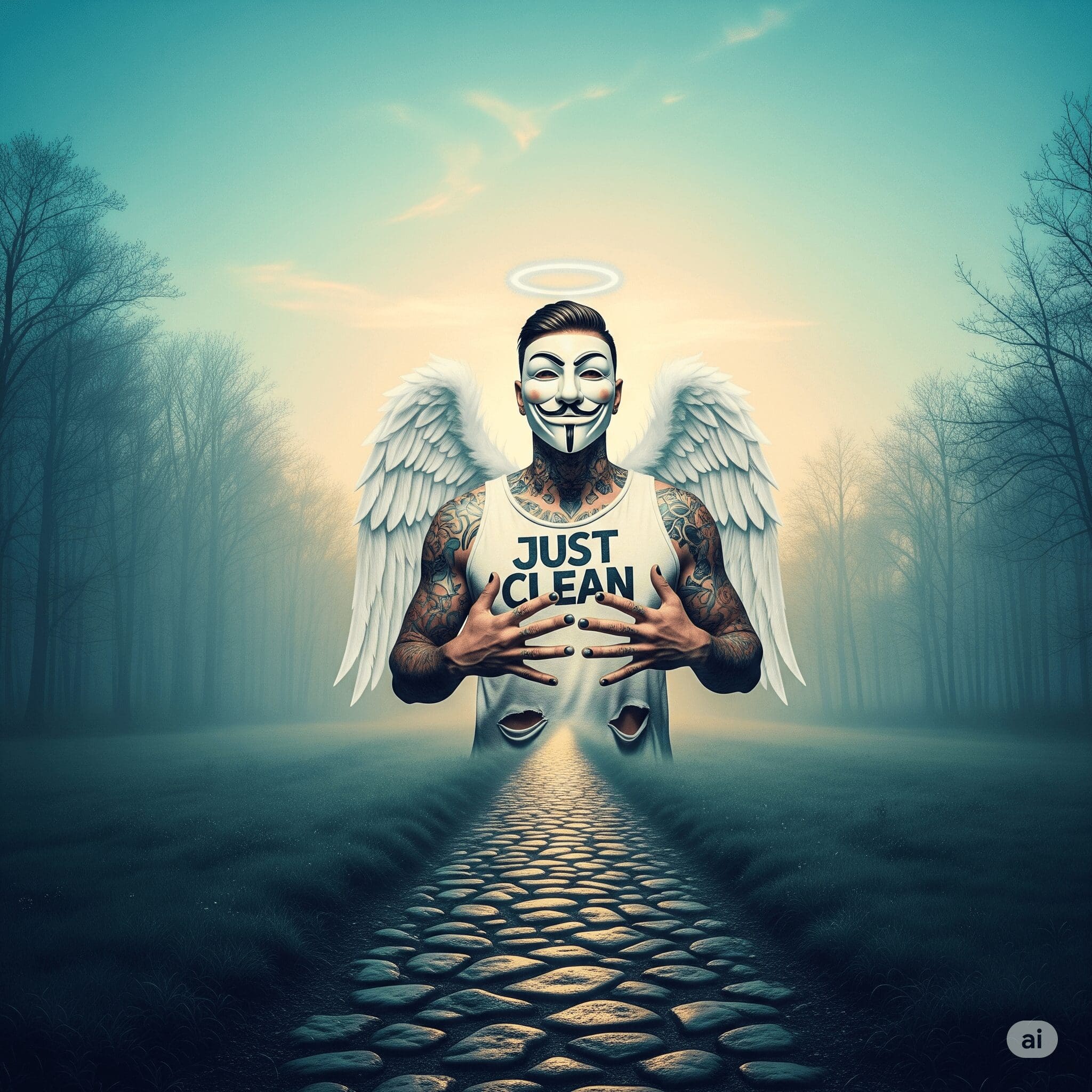 Eine kraftvolle Landschaftsaufnahme. Ein schmaler, steiniger Pfad beginnt in einem dunklen, nebligen Wald und führt sichtbar auf eine weite, sonnendurchflutete Ebene mit klarem Himmel zu. "Weg aus der Sucht", "Genesungsprozess", "clean werden"