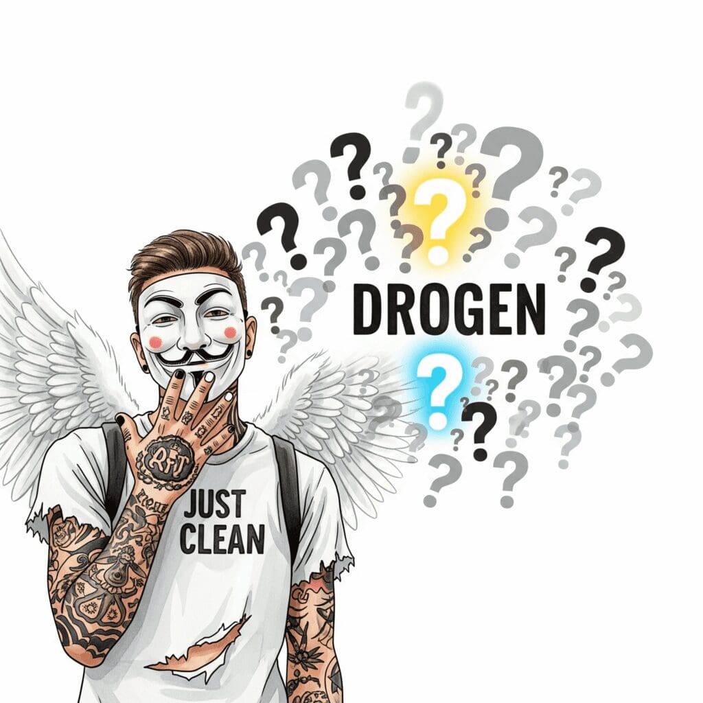 Eine klare, minimalistische Grafik. Das Wort "DROGEN" steht im Zentrum, umgeben von einem Schwarm aus Fragezeichen in verschiedenen Größen und Grautönen. Ein einzelnes Fragezeichen ist hervorgehoben und leuchtet hell. "Fragen zu Drogen", "Drogen FAQ", "Aufklärung über Sucht"