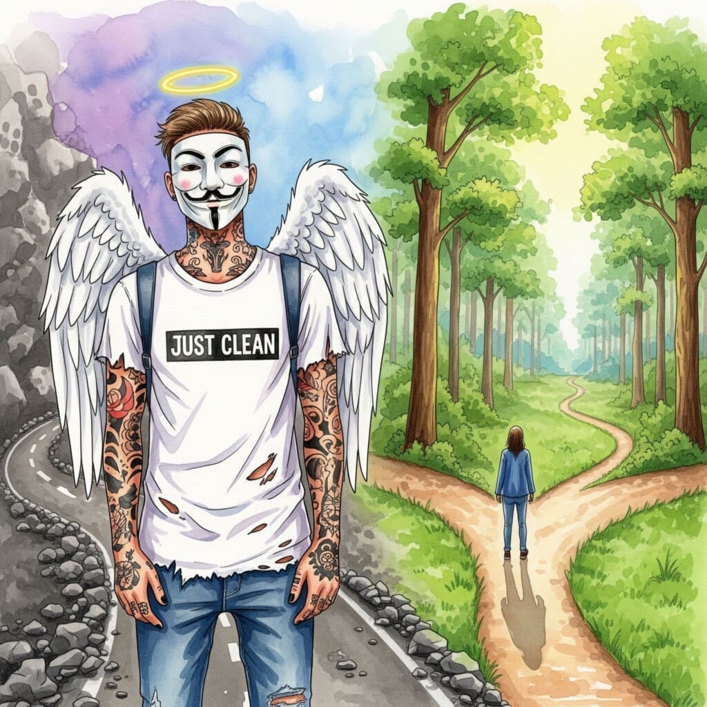 Eine Person steht an einer Weggabelung. Ein Weg ist steinig und dunkel, der andere ist ein heller, freundlicher Waldweg. Die Person wählt bewusst den hellen Weg. Symbolisiert die bewusste Entscheidung für neue Wege. "bewusste Entscheidung treffen", "gesunde Alternativen wählen", "neuer Weg im Leben"