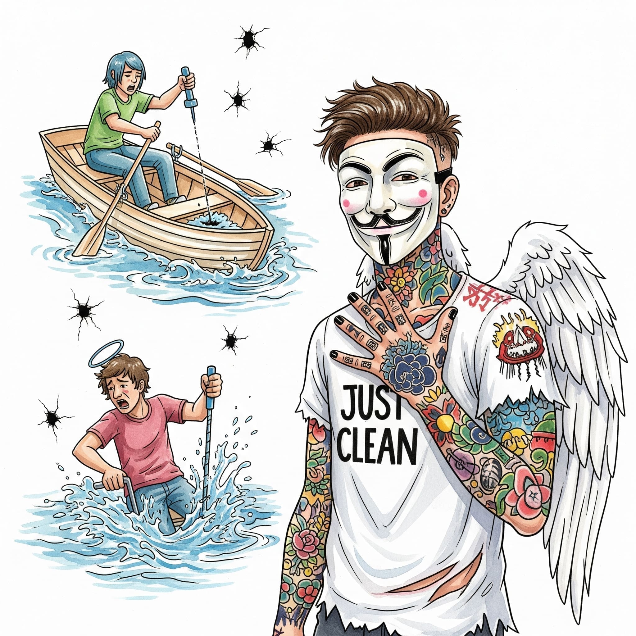 Eine stilisierte Grafik von zwei Personen in einem sinkenden Ruderboot. Eine Person schöpft panisch Wasser, während die andere passiv ist oder Löcher bohrt. Symbolisiert die Co-Abhängigkeits-Dynamik. "Co-Abhängigkeit Sucht", "erschöpft vom Helfen", "toxische Beziehung"