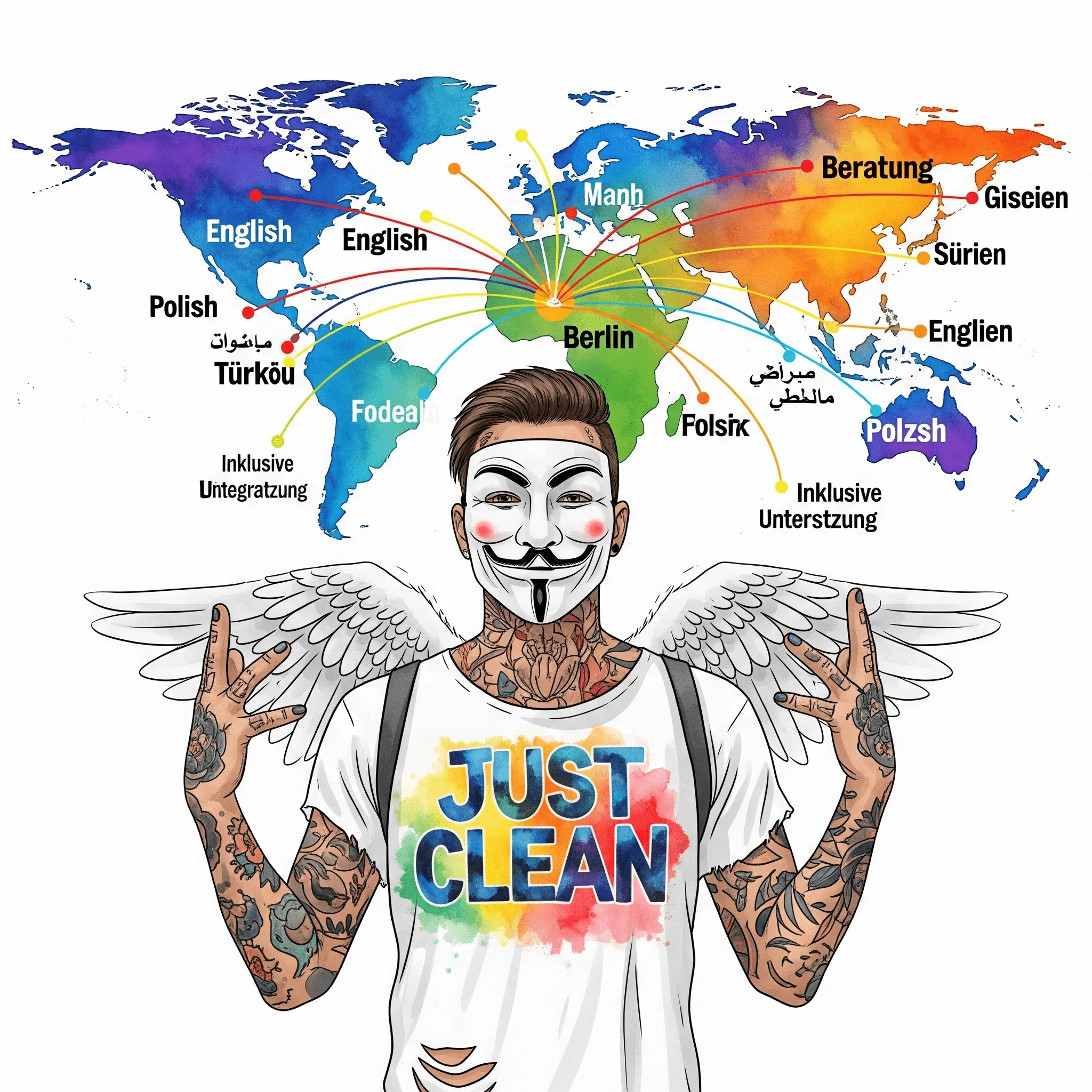 Eine stilisierte Weltkarte, die durch leuchtende Linien mit einem zentralen Punkt in Berlin verbunden ist. Auf den Linien stehen verschiedene Sprachen (z.B. Deutsch, Englisch, Arabisch, Türkisch, Polnisch). Symbolisiert die Mehrsprachigkeit und die globale Erreichbarkeit des Konzepts. "mehrsprachige Beratung", "Hilfe für Migranten", "inklusive Unterstützung"