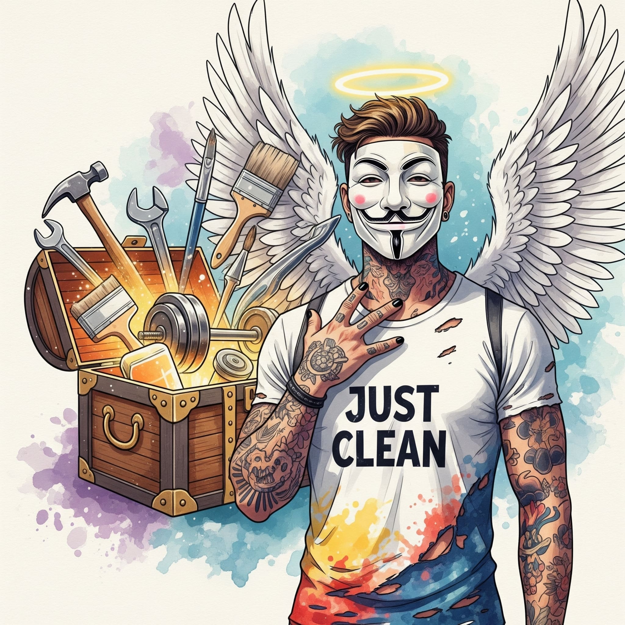 Eine stilisierte Grafik einer alten, offenen Schatztruhe, aus der leuchtende Werkzeuge wie ein Hammer, ein Schraubenschlüssel, aber auch eine Hantel und ein Pinsel herausragen. Symbolisiert die Skill-Schatzkiste. "Coping Skills Sucht", "Werkzeugkasten gegen Suchtdruck", "gesunde Alternativen finden"