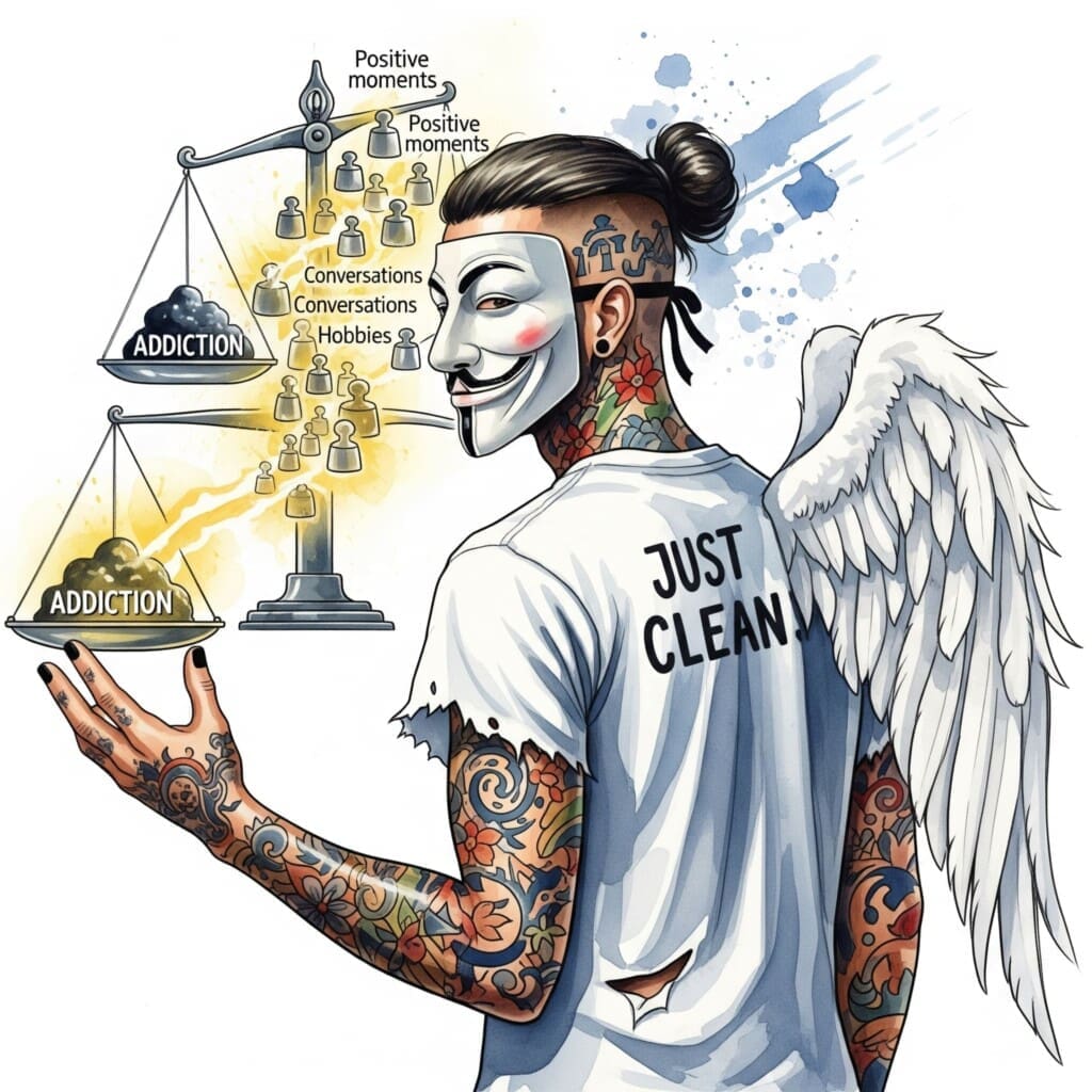 Eine stilisierte Grafik mit zwei Waagschalen. Auf der einen, schweren Schale liegt ein dunkler Klumpen ("Sucht"). Auf der anderen, leichten Schale liegen viele kleine, leuchtende Gewichte ("Positive Momente", "Gespräche", "Hobbies"). Symbolisiert das schrittweise Stärken der positiven Seite. "CRAFT Methode erklärt", "positives Verhalten verstärken", "Suchthilfe für Angehörige"