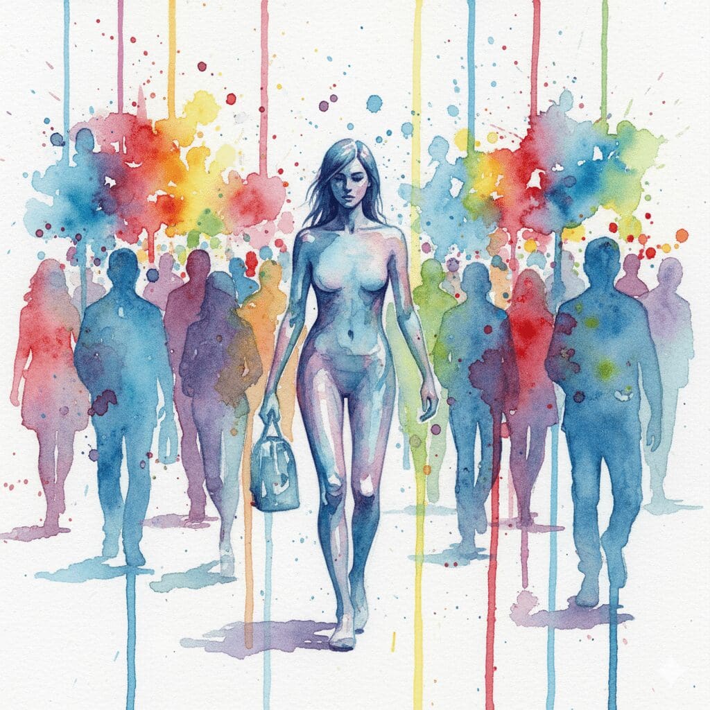 Eine durchsichtige, geisterhafte Person in einer Menschenmenge, als Symbol für das Gefühl der Entfremdung und Dissoziation.