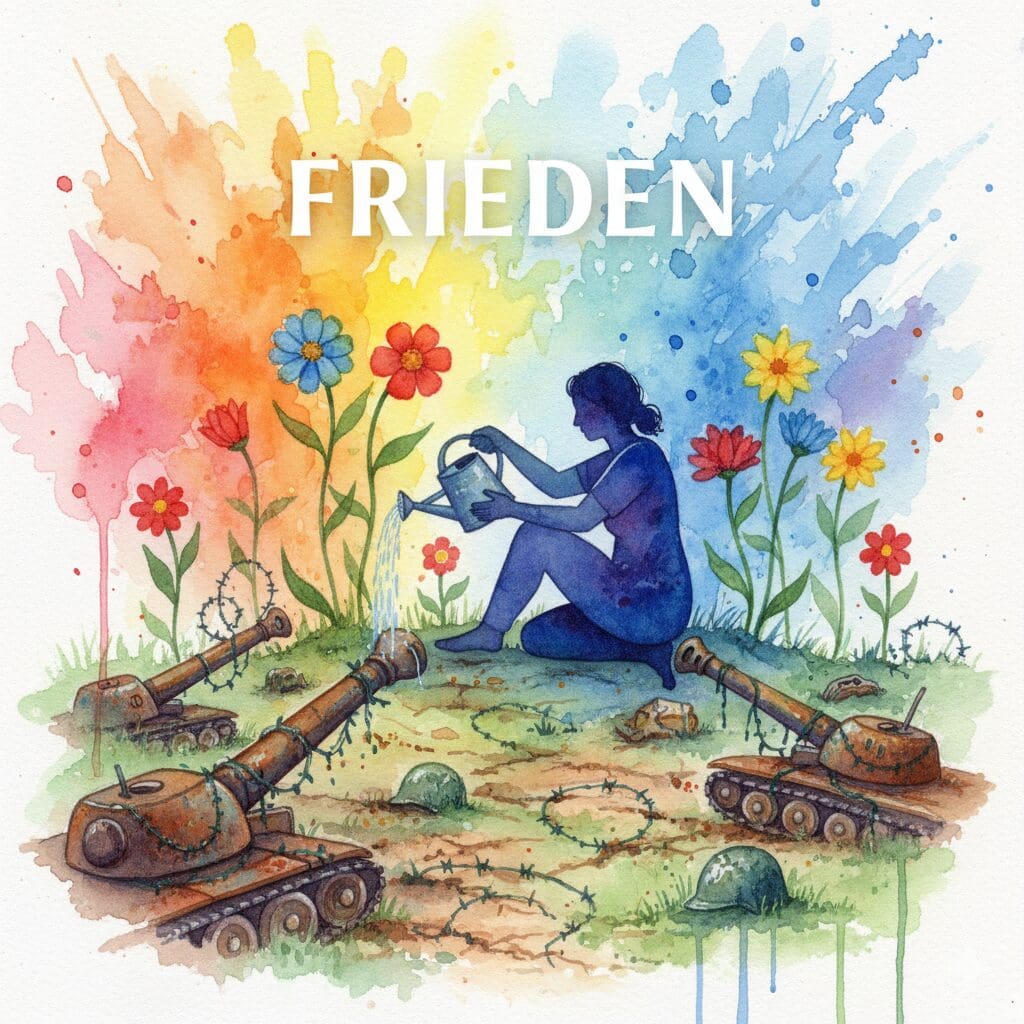 Eine Person, die Blumen in einer alten Kriegslandschaft gießt, als Symbol für das Friedenschließen mit der eigenen traumatischen Vergangenheit.
