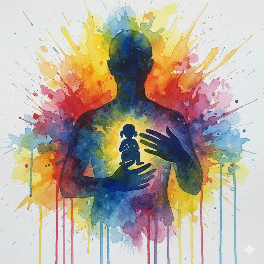 Eine erwachsene Person, die ihr verängstigtes inneres Kind schützend in die Arme schließt, als Symbol für die Heilung von Kindheitstrauma.