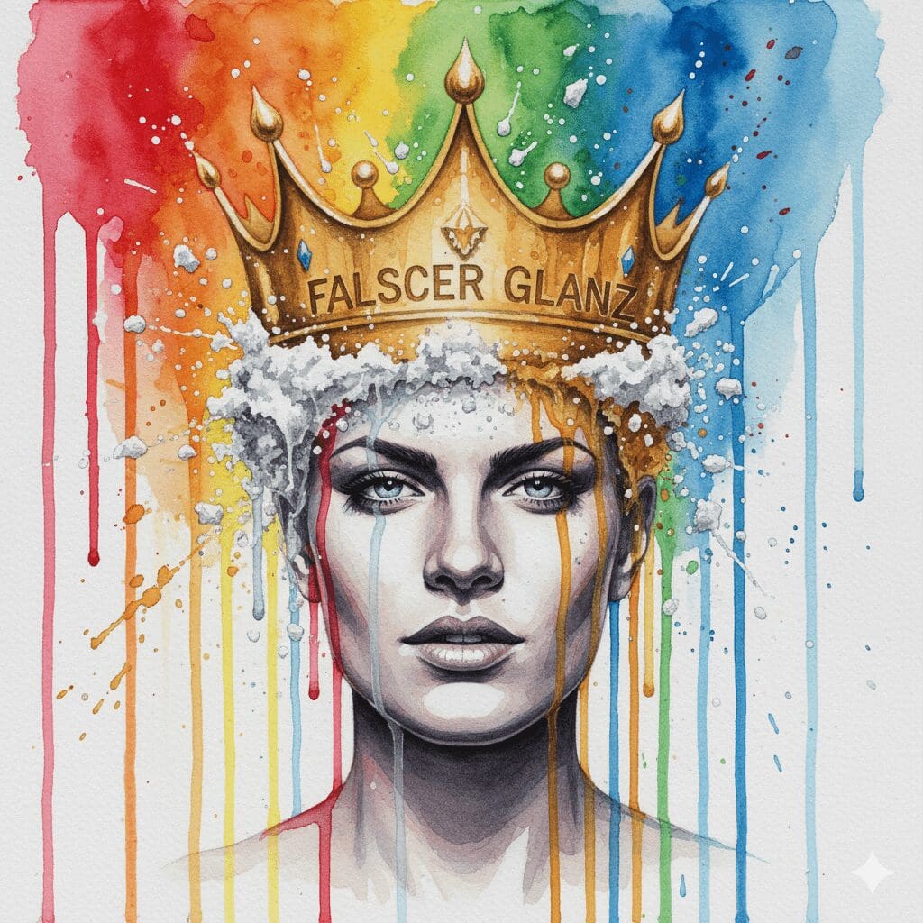 Eine Person mit einer bröckelnden Krone aus Kokain und Alkohol, als Symbol für die falsche und zerbrechliche Grandiosität, die die Droge verleiht.