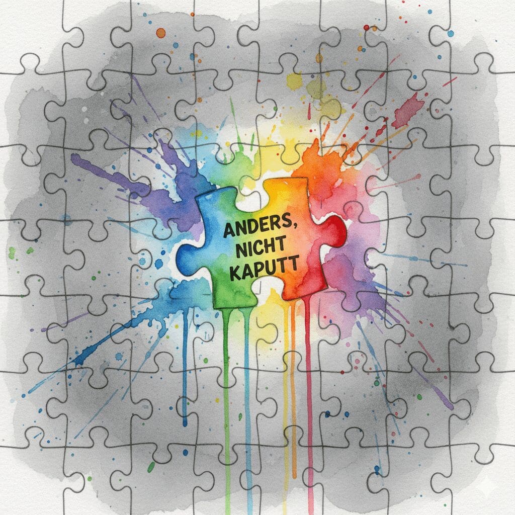 Ein buntes, anders geformtes Puzzleteil passt perfekt in ein graues Puzzle, als Symbol für die Akzeptanz und Stärke von Neurodiversität.