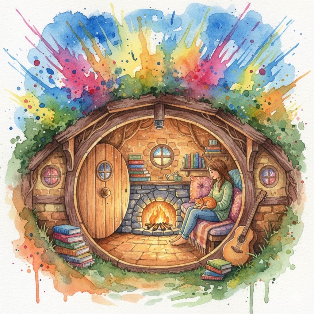 Eine Person in einer selbst geschaffenen, sicheren und ruhigen Umgebung, während draußen ein Sturm tobt. Symbol für Umwelt-Management und Selbstfürsorge in der neurodivergenten Recovery.