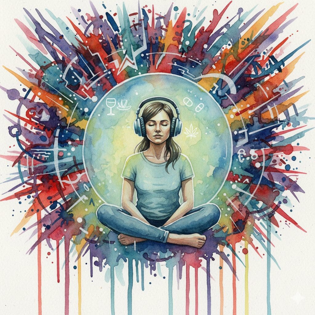 Eine Person, die sich mit Kopfhörern aus Drogensymbolen vor einer lauten Welt schützt, als Symbol für die Selbstmedikation bei Neurodiversität und Reizüberflutung.