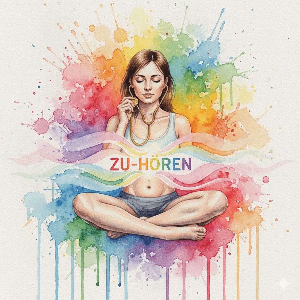 Eine Person, die mit einem Stethoskop auf ihr eigenes Bauchgefühl hört, als Symbol für das Erlernen der Körpersprache bei psychosomatischen Erkrankungen.