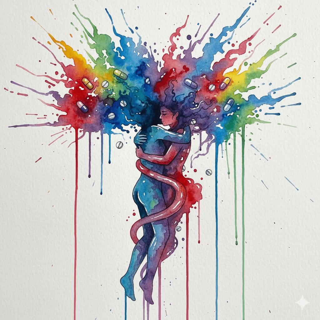 Eine Person umarmt eine geisterhafte Figur aus Drogen, als Symbol für die Sucht als Ersatz für eine menschliche Bindung.