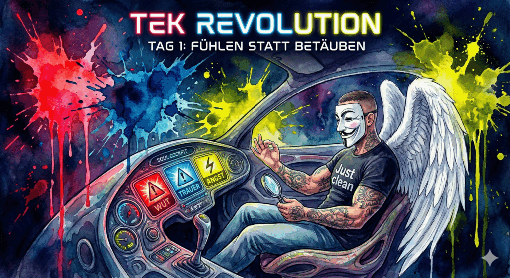 Titelbild "TEK Revolution Tag 1". Die NeelixberliN-Figur sitzt in einem Seelen-Cockpit und beobachtet ruhig die Warnlampen für Wut, Trauer und Angst, anstatt sie zu betäuben.