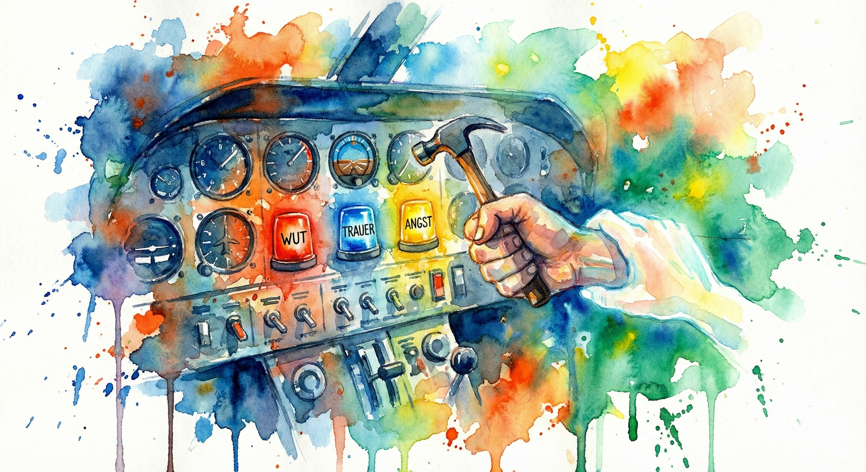 Ein Armaturenbrett mit Warnleuchten für Wut, Trauer und Angst. Eine Hand will sie zerschlagen, eine andere stoppt sie. Symbol für Emotionsregulation.