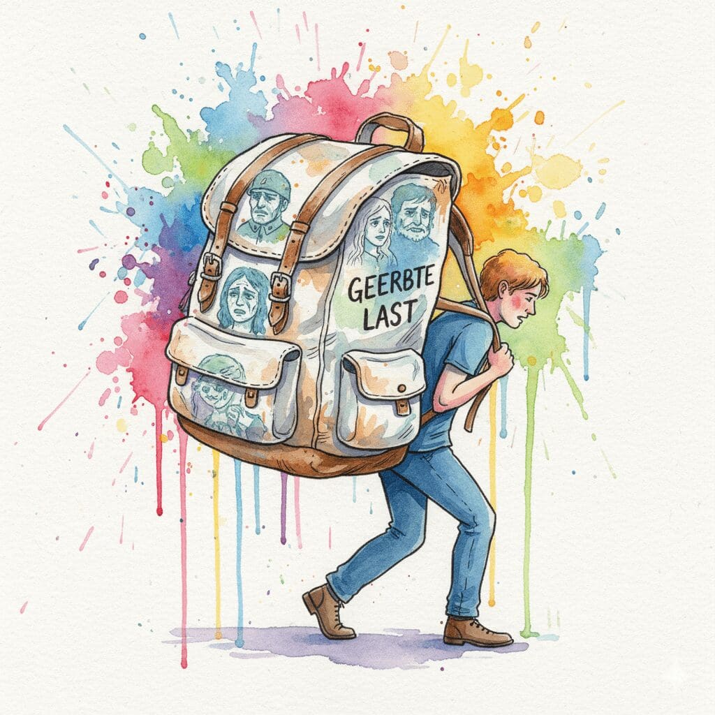 Eine Person trägt einen schweren Rucksack, in dem die Geister ihrer Vorfahren zu sehen sind, als Symbol für die Last des transgenerationalen Traumas.