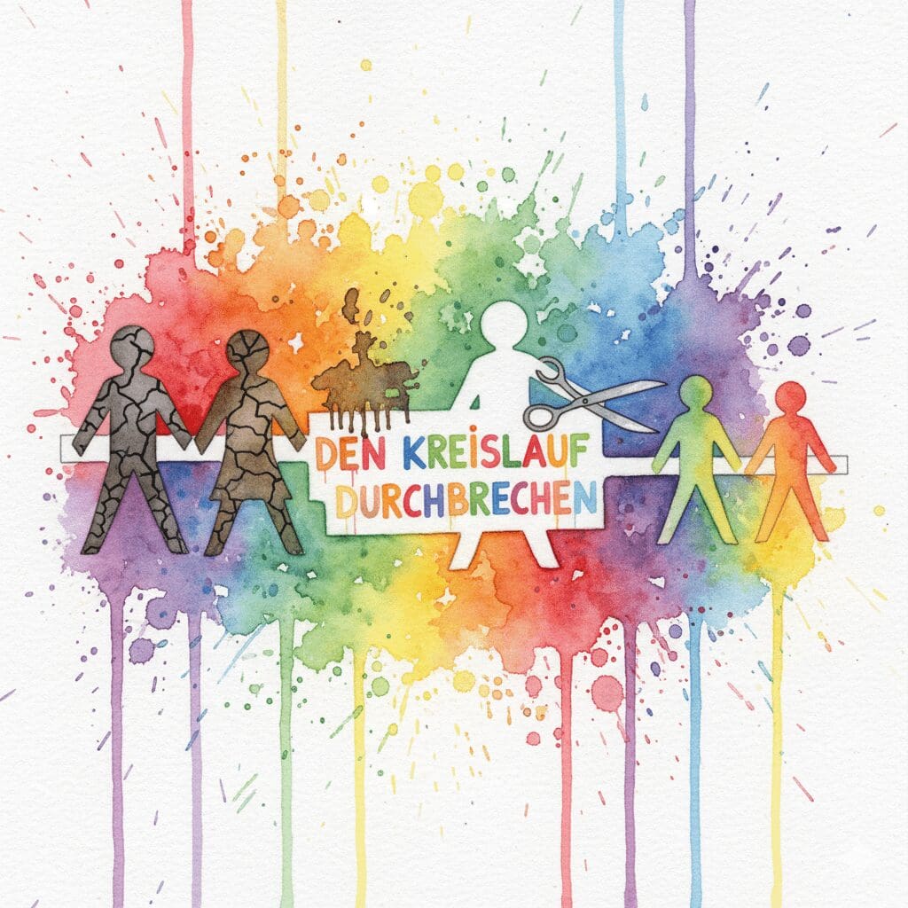 Eine Figur durchtrennt eine Kette von Generationen, als Symbol für das Durchbrechen des Kreislaufs von transgenerationalem Trauma.