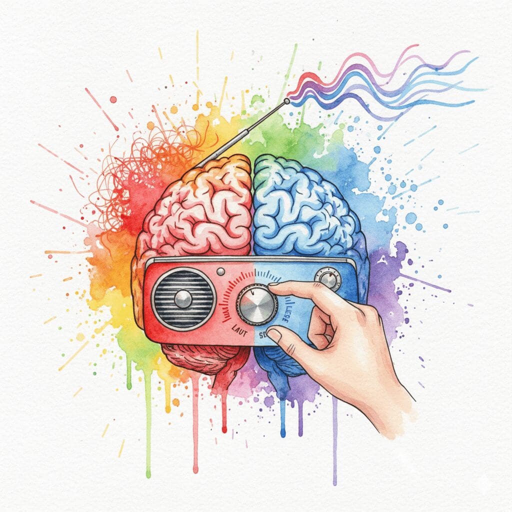 Alt-Text: Eine Hand, die den Lautstärkeregler an einem Gehirn-Radio leiser dreht, als Symbol für die erfolgreiche Bewältigung einer Zwangsstörung.