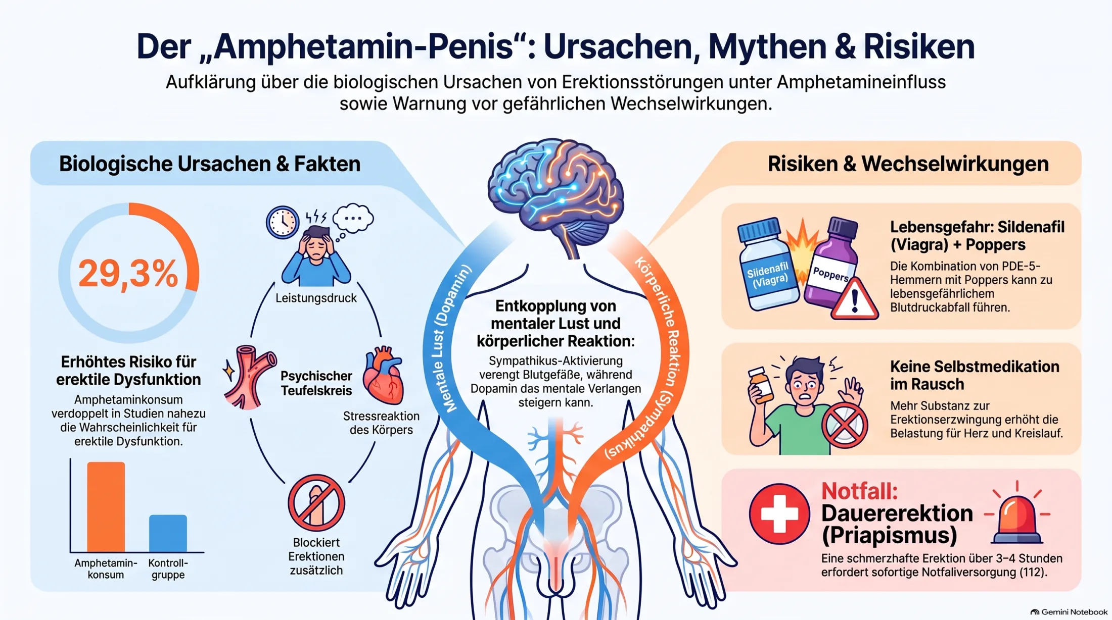 Watercolor-Infografik zum Amphetamin-Penis mit Ursachen, Erektionsproblemen, Speed, Libido und sexueller Gesundheit