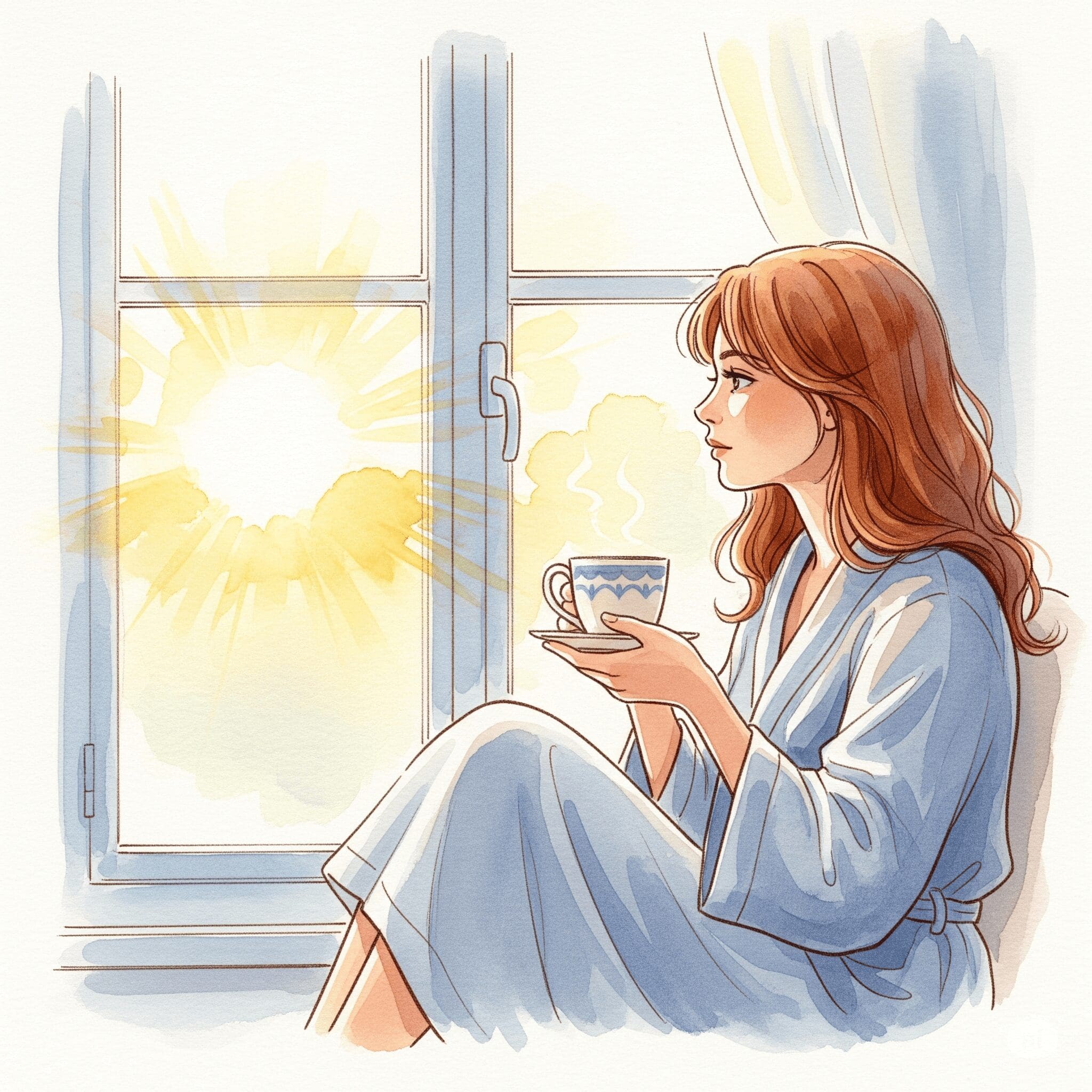 Ein ruhiges Bild, das Hoffnung ausstrahlt. Jemand sitzt mit einer Tasse Tee am Fenster und schaut in die aufgehende Morgensonne. Die Stimmung ist nachdenklich, aber optimistisch. "Neuer Tag clean bleiben", "Morgenroutine Sucht", "Hoffnung Genesung"