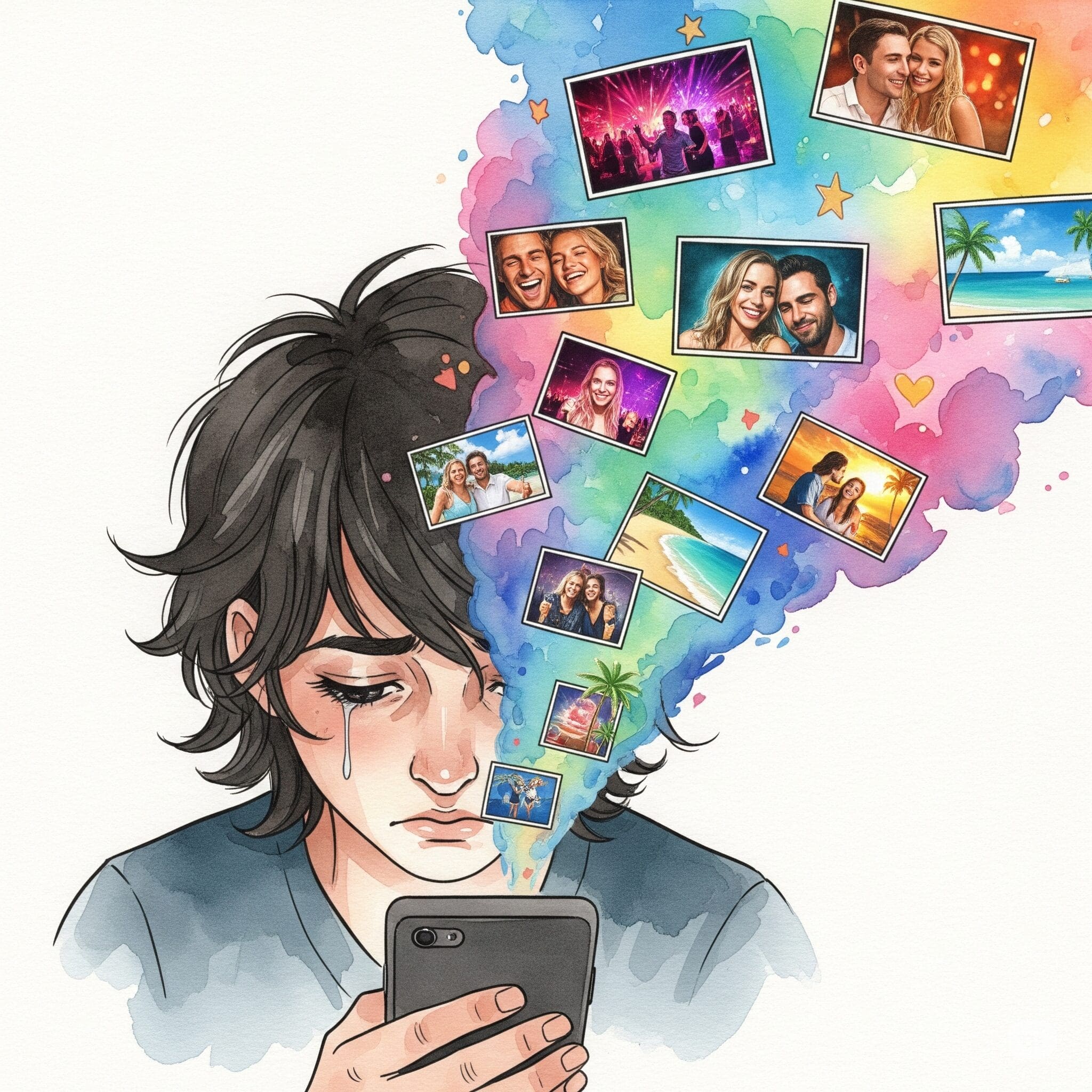 Eine stilisierte Grafik einer Person, die traurig auf ihr Handy schaut. Aus dem Handy strömen glamouröse Bilder von lachenden Paaren, Partys und Traumstränden und bilden eine Art "Wolke" um den Kopf der Person. "sozialer Vergleich Social Media", "Depression durch Instagram", "Unzufriedenheit"