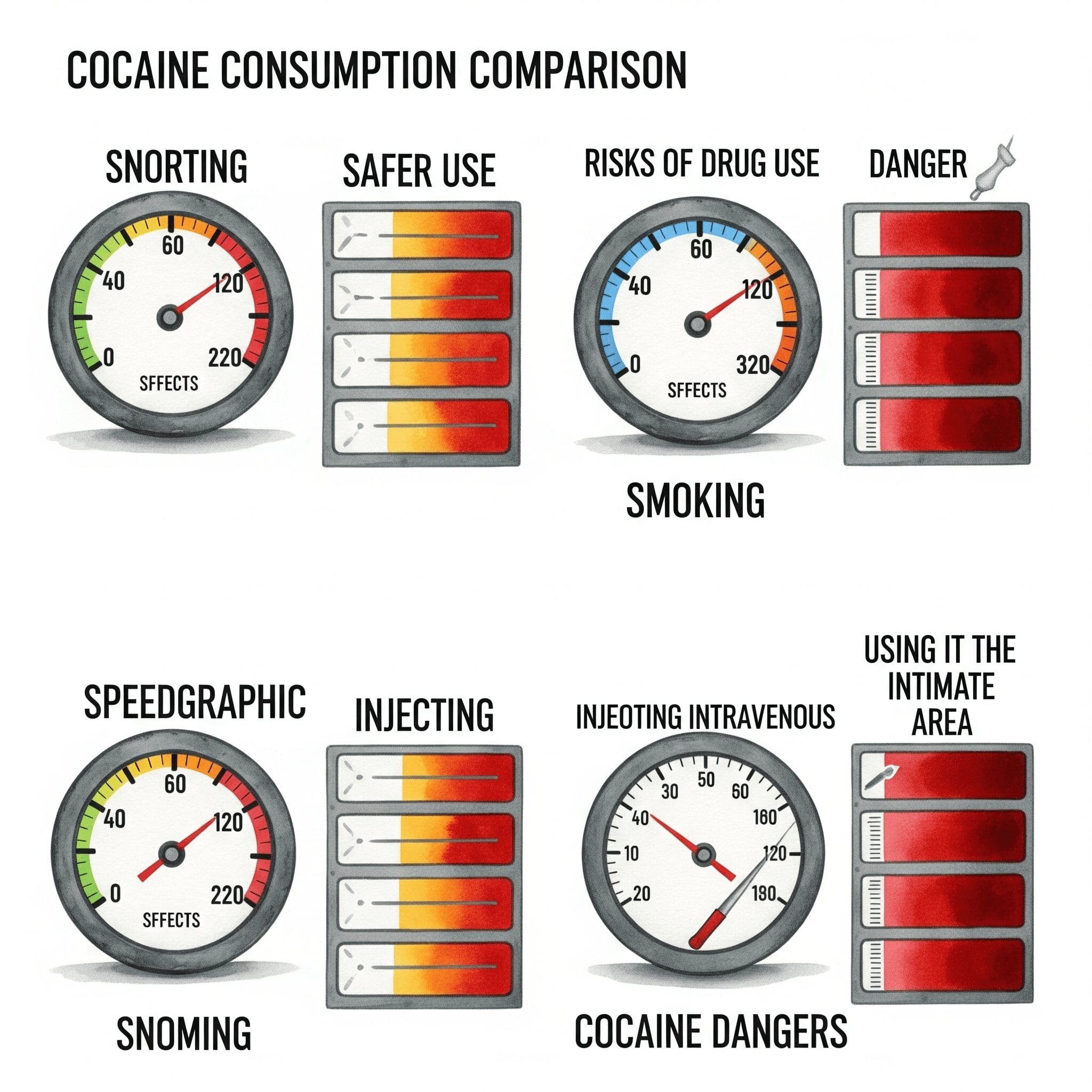 Eine Infografik, die die vier Konsumformen (Nase, Lunge, Vene, Intimbereich) zeigt. Für jede Form gibt es eine "Speed-Anzeige" (Wirkungseintritt) und eine "Gefahren-Anzeige" (Risiko). Bei Rauchen, Spritzen und Intim sind beide Anzeigen im tiefroten Bereich. "Kokain Konsumformen Vergleich", "Safer Use Koks", "Risiken von Drogenkonsum"