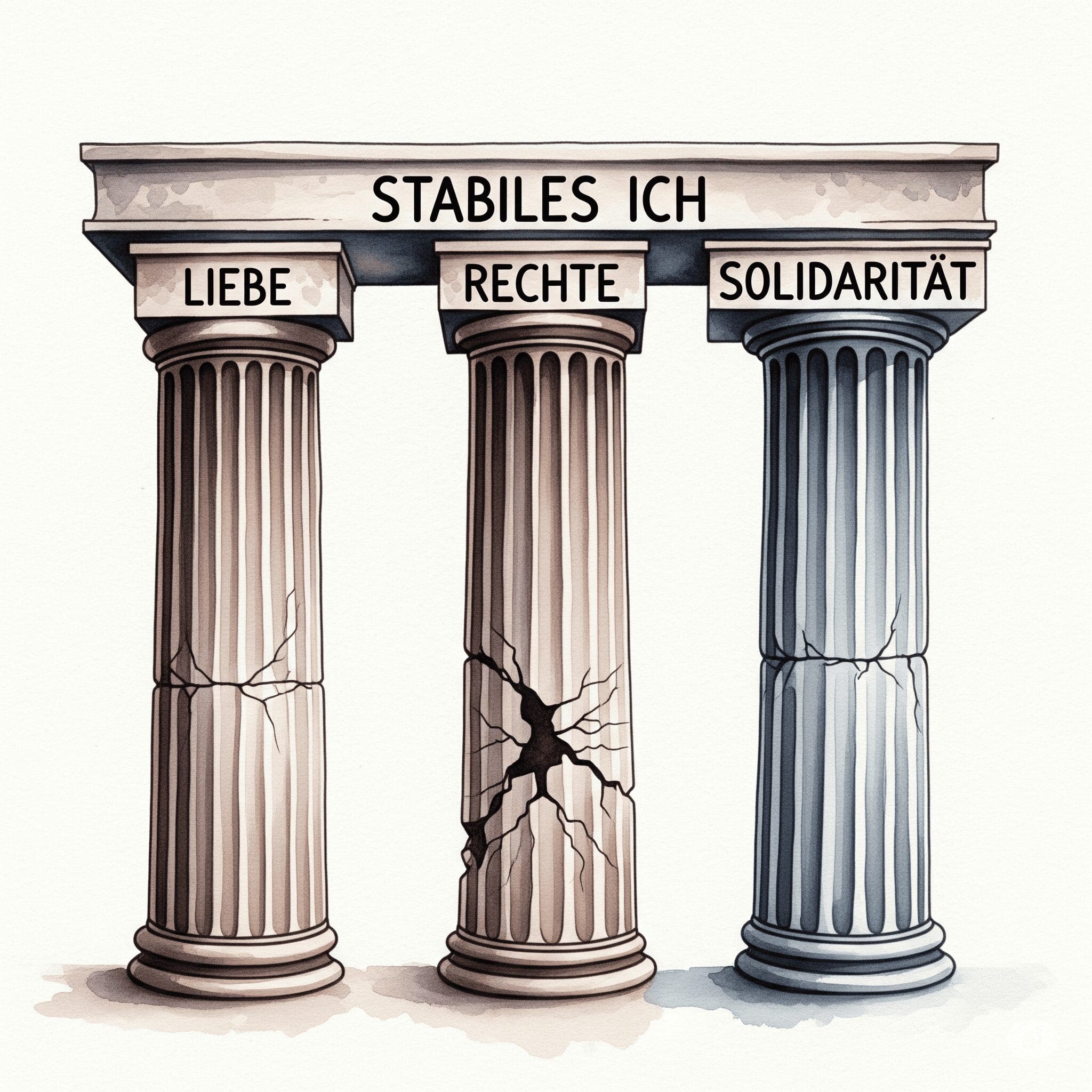 Eine stilisierte Grafik von drei antiken Säulen, beschriftet mit "Liebe", "Rechte" und "Solidarität". Sie tragen eine Plattform mit der Aufschrift "Stabiles Ich". Eine der Säulen ist angebrochen oder bröckelt. "Theorie der Anerkennung", "Selbstwert aufbauen", "psychologische Grundbedürfnisse"