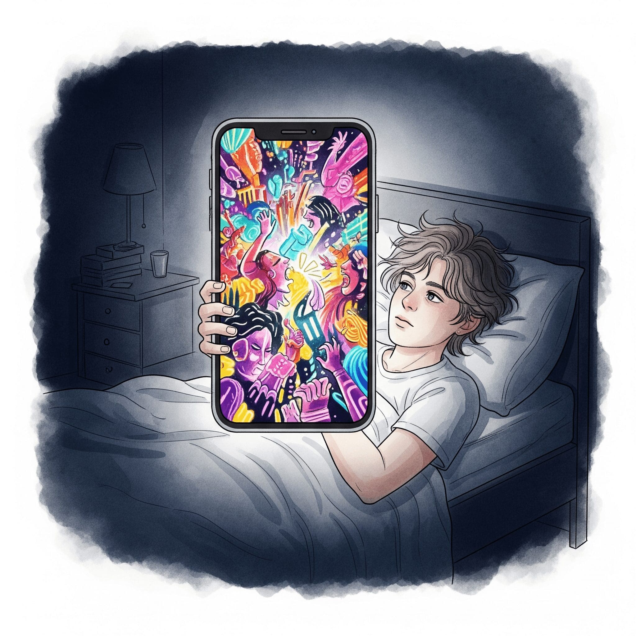 Eine Person liegt im Bett, das Gesicht nur vom Handy erleuchtet. Auf dem Handy ist eine wilde Party zu sehen. Das echte Zimmer der Person ist aber dunkel und leer. Symbolisiert die FOMO-Falle. "FOMO", "Fear Of Missing Out", "Angst etwas zu verpassen"